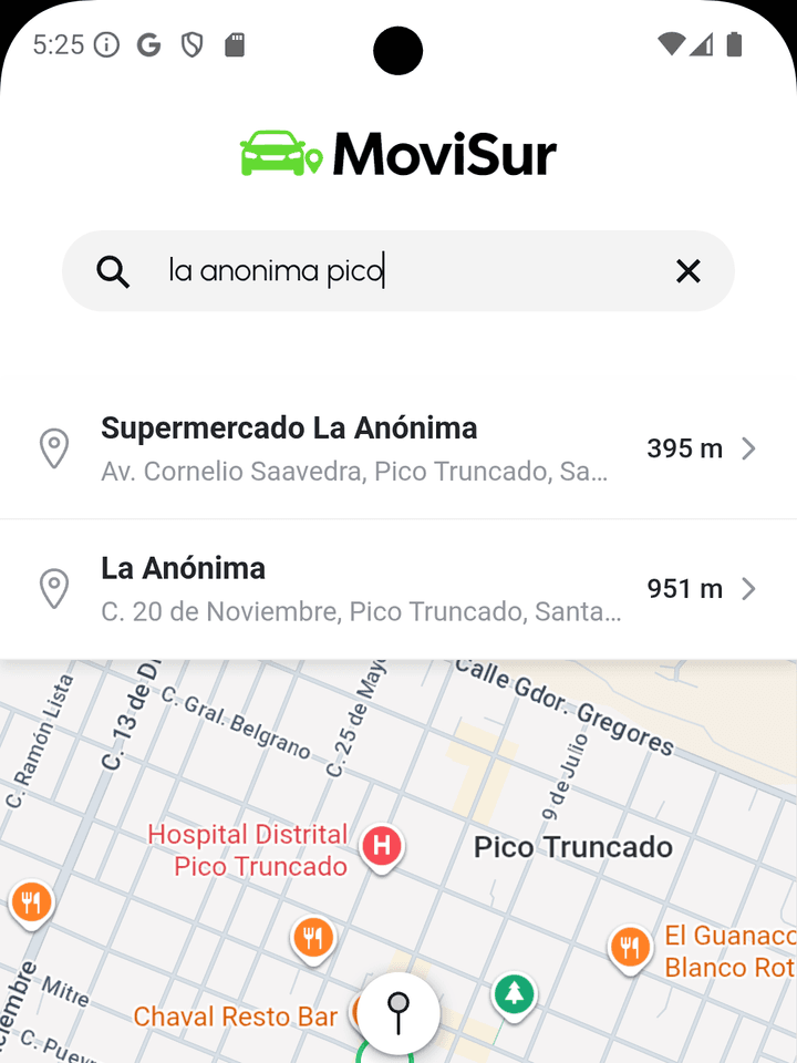Selector de destino en la app de MoviSur