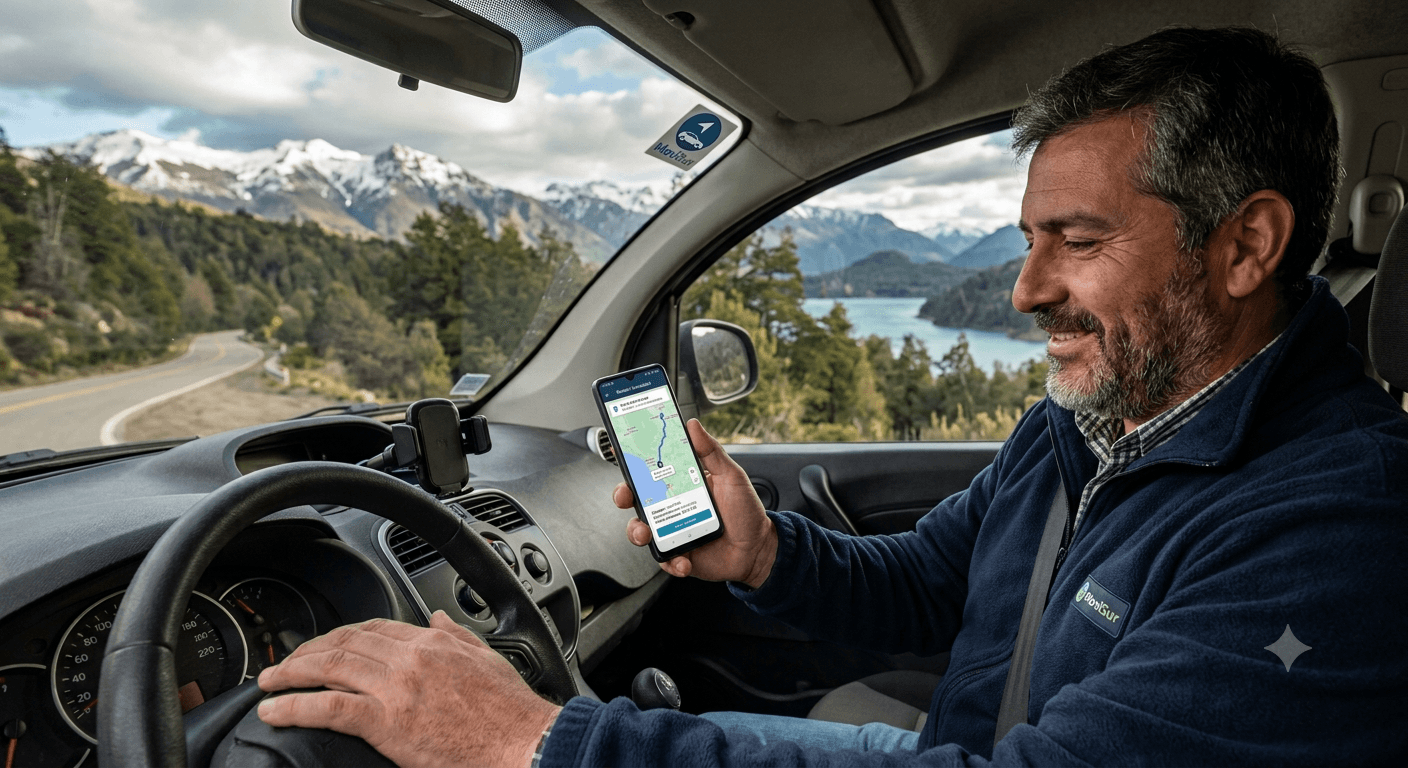 Un viaje de MoviSur en curso, con la app a la vista