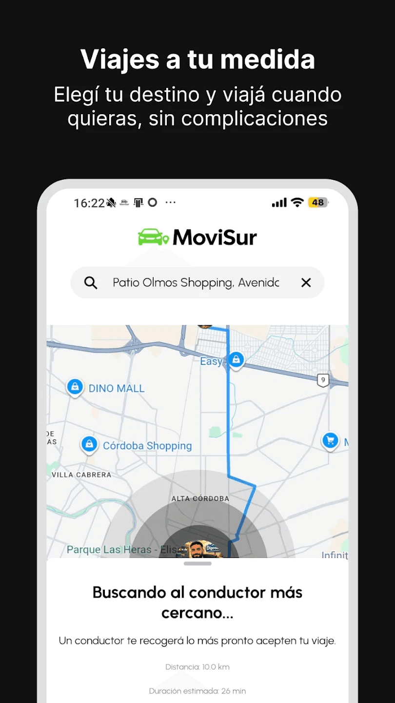 Pantalla de MoviSur con el mapa para solicitar y seguir un viaje